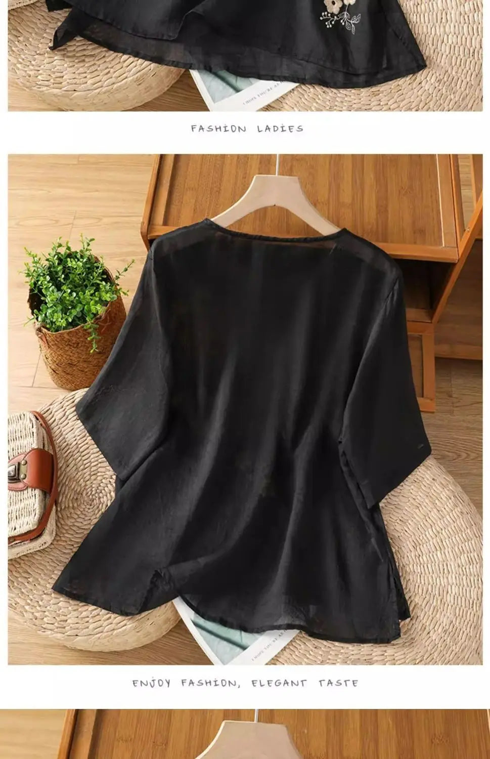 Women's Casual Linen Blouse Floral Embroidery Round Neck Short Sleeve Side Split Loose Fit Summer Tops