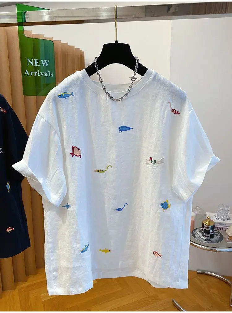 Embroidered Cotton Linen Short-sleeved T-shirt Summer New Loose Casual Round Neck Top for Women