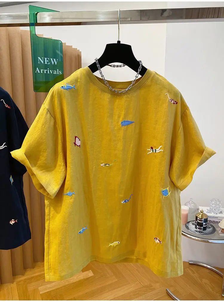 Embroidered Cotton Linen Short-sleeved T-shirt Summer New Loose Casual Round Neck Top for Women