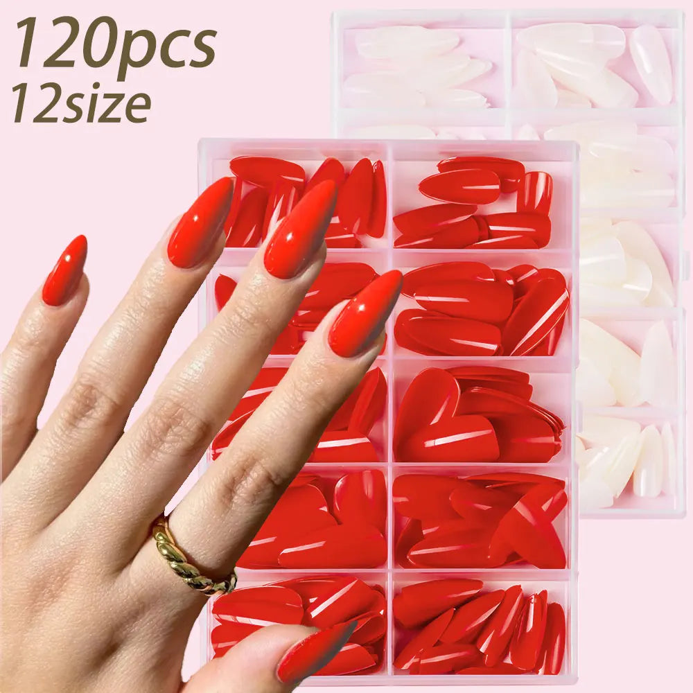 120pcs/box Red White Glossy Acrylic Medium Almond False Nails Solid Color Press-On Nails 12 Sizes Almond Artificial Fake Nails