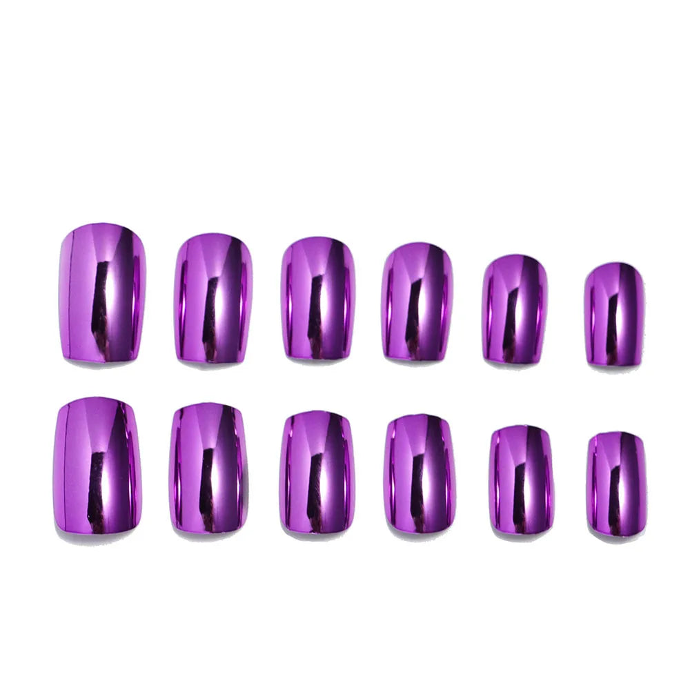 24pcs/set short fake nails metallic red black rose green blue silver golden square tips mirror effect press on false nail art