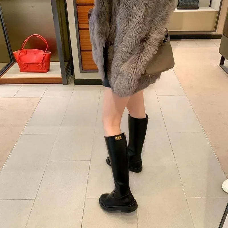 Women's Long Boots Round Toe Winter 2025 Ladies Knee High Shaft Shoes Large Size Warm Spring Autumn Y2k Trend Pu Hot Work Sale