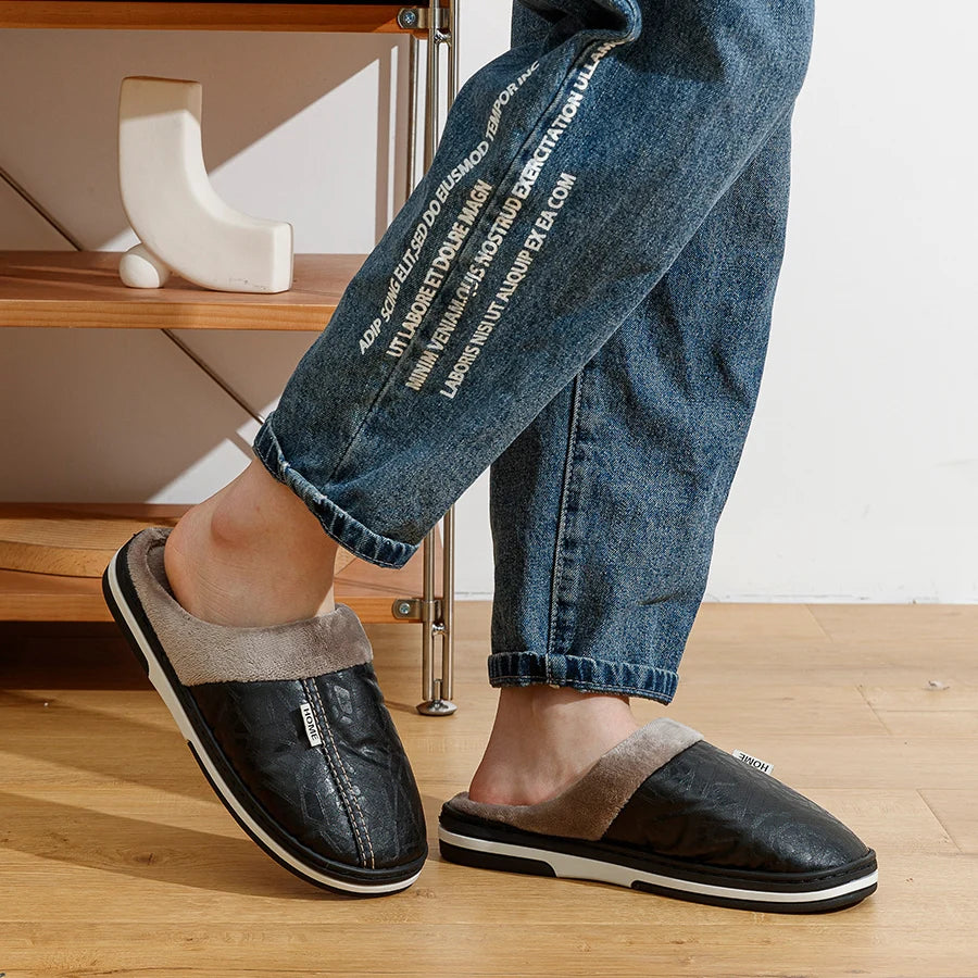 Bedroom Fashion Warm Soft Winter Men's Slippers Indoor Comfy Casual Big Size Anti-slip PU Surface Waterproof Home Plush Shoes