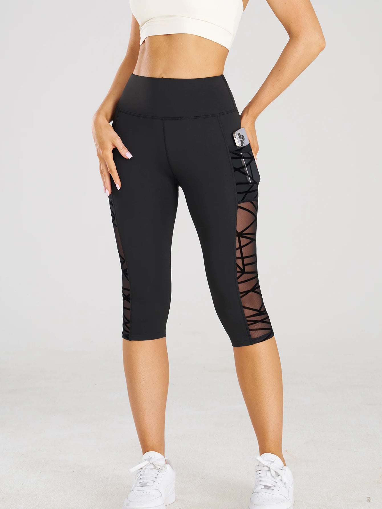 High Waist Yoga Crop Pants Leggings With Pockets Sports Fitness Casual Tight Yoga Pants Side Cross Mesh Stitch Capri Leggings