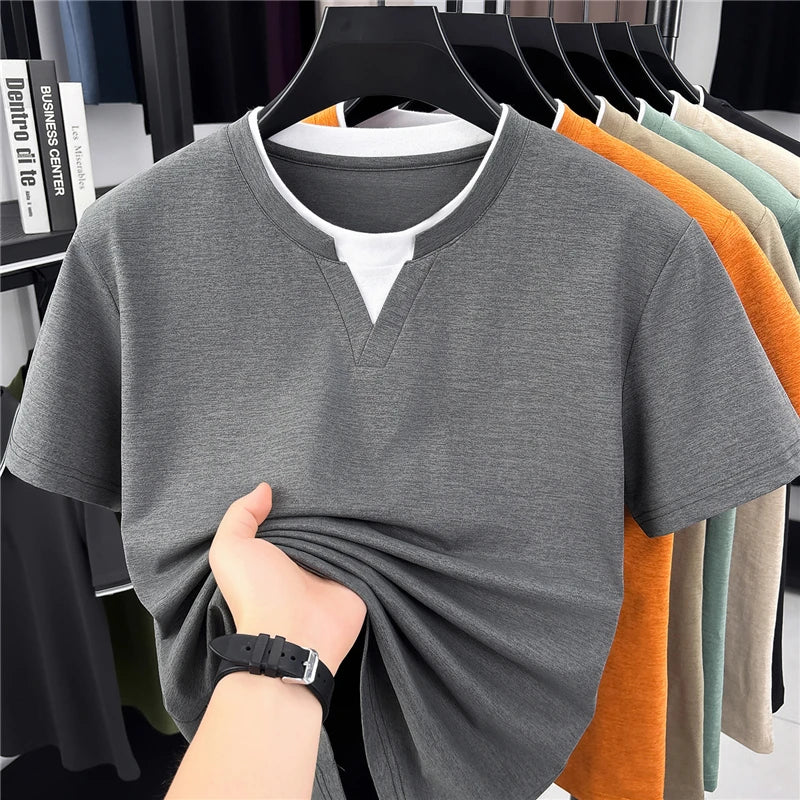 Men's Fashion V Neck T Shirt With Fake Two Piece Detail Soft Elastic Fabric For Daily And Casual Use
