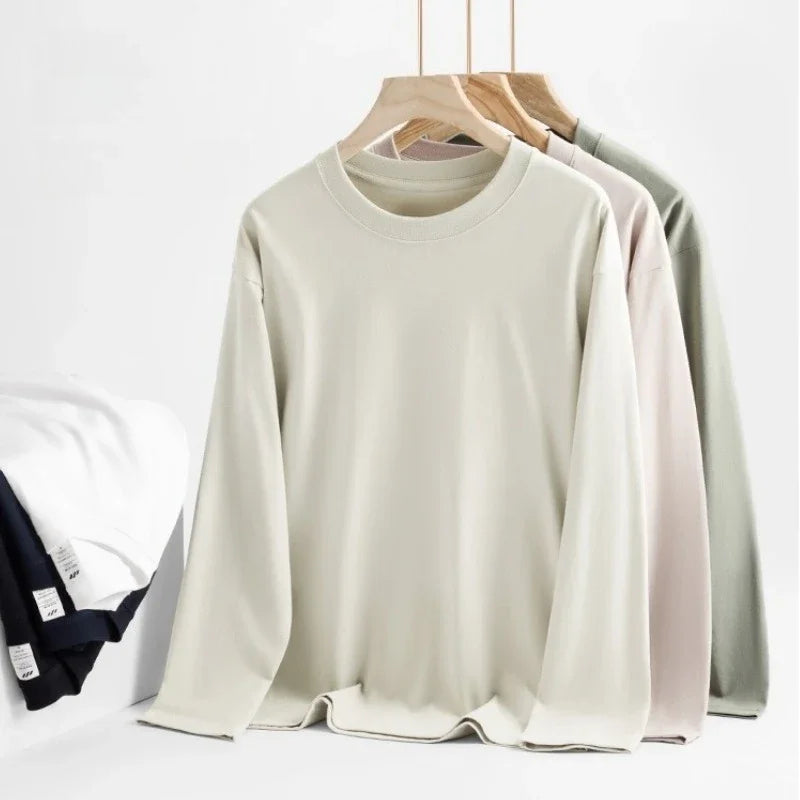 2026 100% Cotton T Shirt Women Autumn Winter Ribbed Causal O-Neck Basic Long Sleeve Harajuku Tops Fashion Loose Versatile Tees