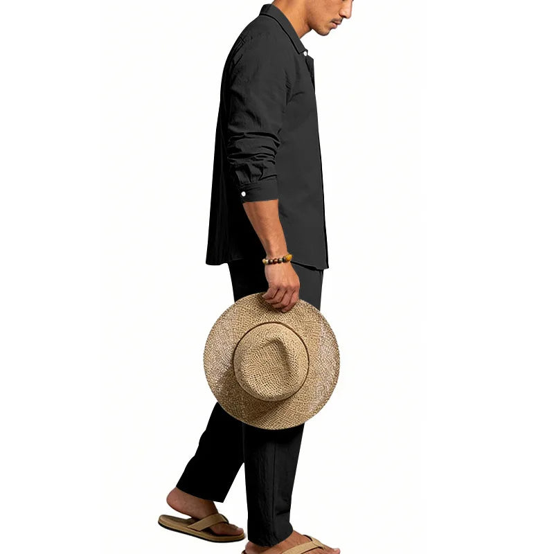 Men's Loose Fit Linen 2 Piece Outfit Solid Color Casual Long Sleeve Hooded Shirt & Long Pants Breathable Suit