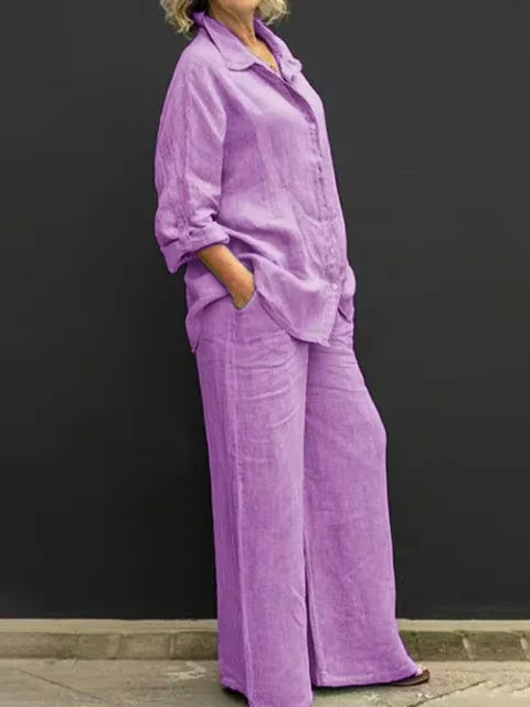 Women Linen Casual Shirt 2 Pieces Set Fashion Lapel Long Sleeve Button Blouse And Trousers Outfits Loose Wide Leg Pants Suits