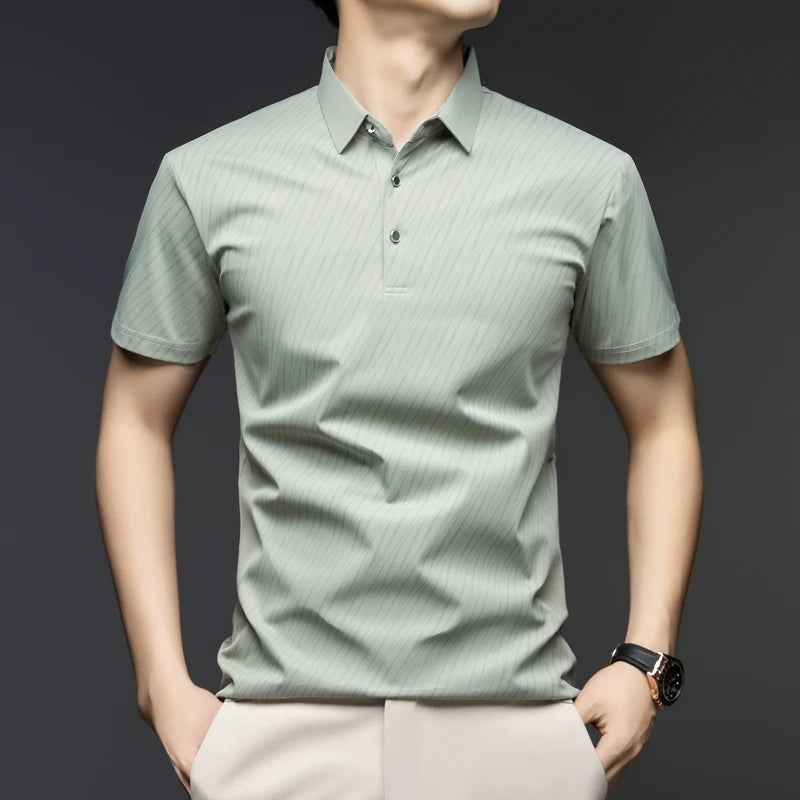 Men's Fashion Ice Silk Polo Shirt Cool Touch Fabric With Diagonal Line Print Short Sleeve For Business