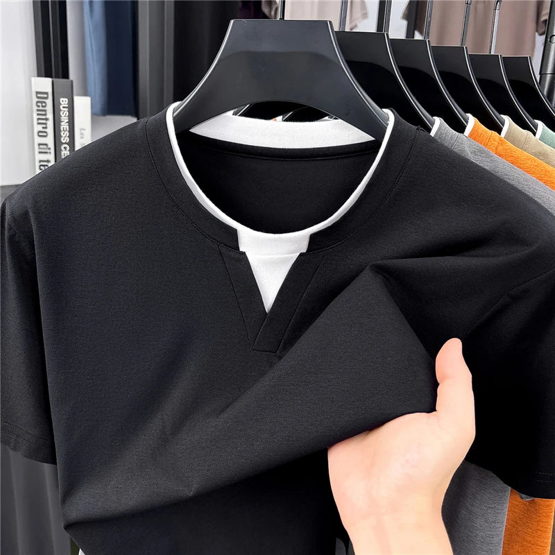 Men's Fashion V Neck T Shirt With Fake Two Piece Detail Soft Elastic Fabric For Daily And Casual Use