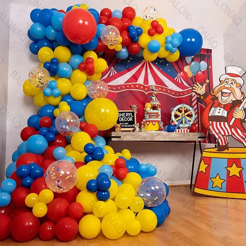 130pcs Red Blue Yellow Arch Garland Balloons Kit Popcorn Aluminium Foil Balls Circus Clown Theme Birthday Party Decorations