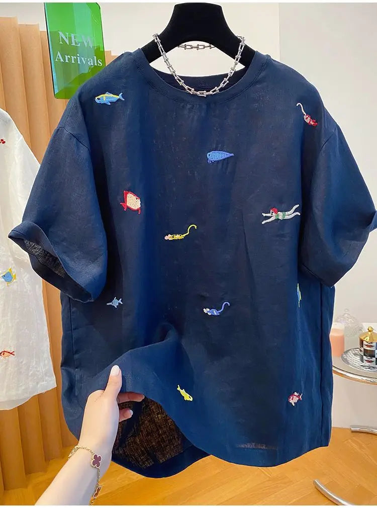 Embroidered Cotton Linen Short-sleeved T-shirt Summer New Loose Casual Round Neck Top for Women