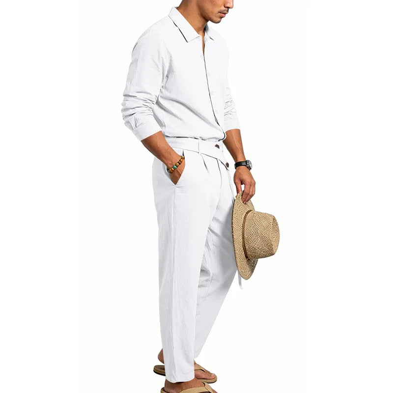 Men's Loose Fit Linen 2 Piece Outfit Solid Color Casual Long Sleeve Hooded Shirt & Long Pants Breathable Suit
