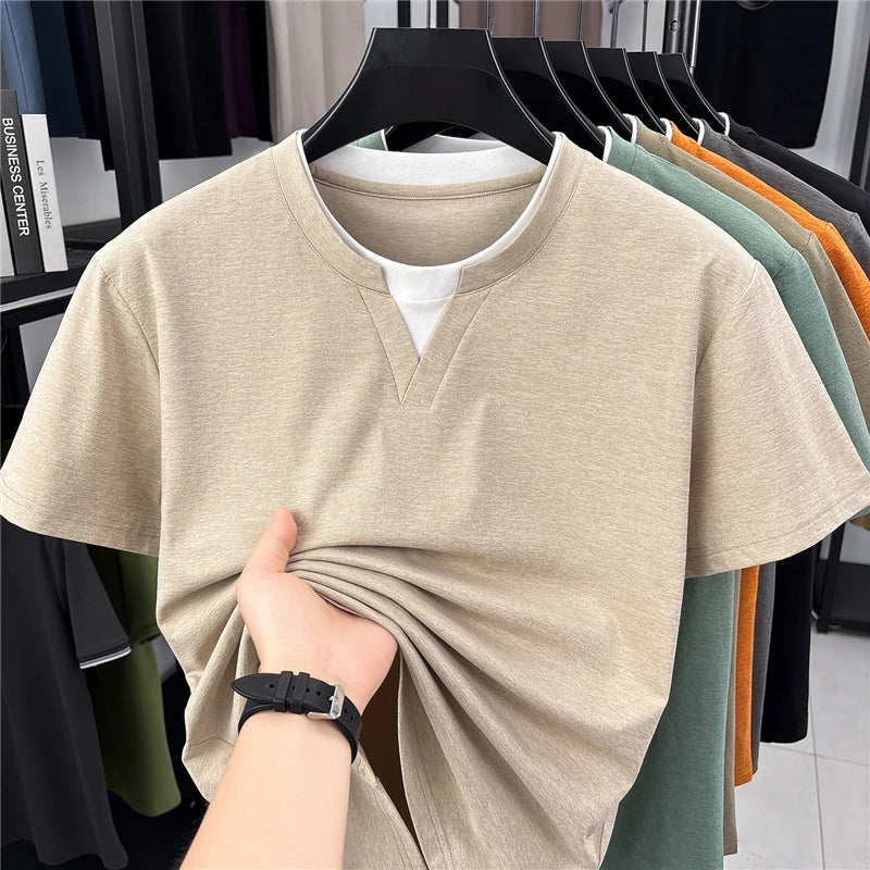 Men's Fashion V Neck T Shirt With Fake Two Piece Detail Soft Elastic Fabric For Daily And Casual Use