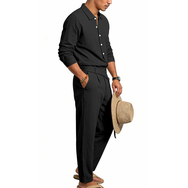 Men's Loose Fit Linen 2 Piece Outfit Solid Color Casual Long Sleeve Hooded Shirt & Long Pants Breathable Suit