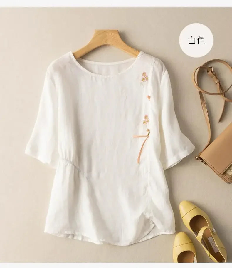 Short-sleeved Linen Tops with Folded Buttons of Artistic Retro Cotton Linen T-shirts Versatile Loose Embroidery 2025 Summer Tops
