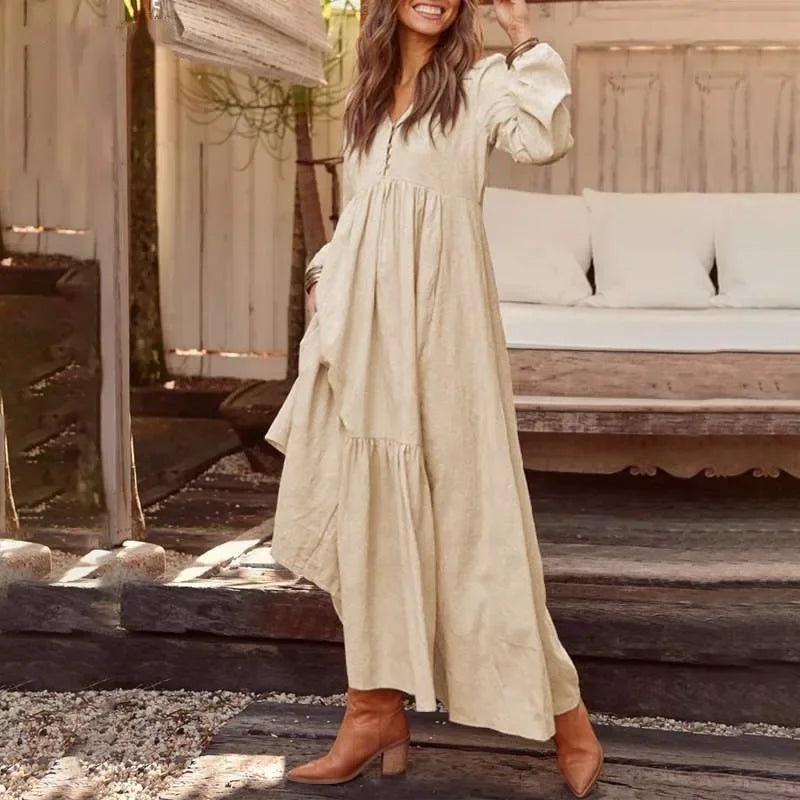 New Cotton Linen Retro Large Hem Long Dresses Casual Long Sleeved For Women Fashion Solid Color Single Breasted Skirt Spring