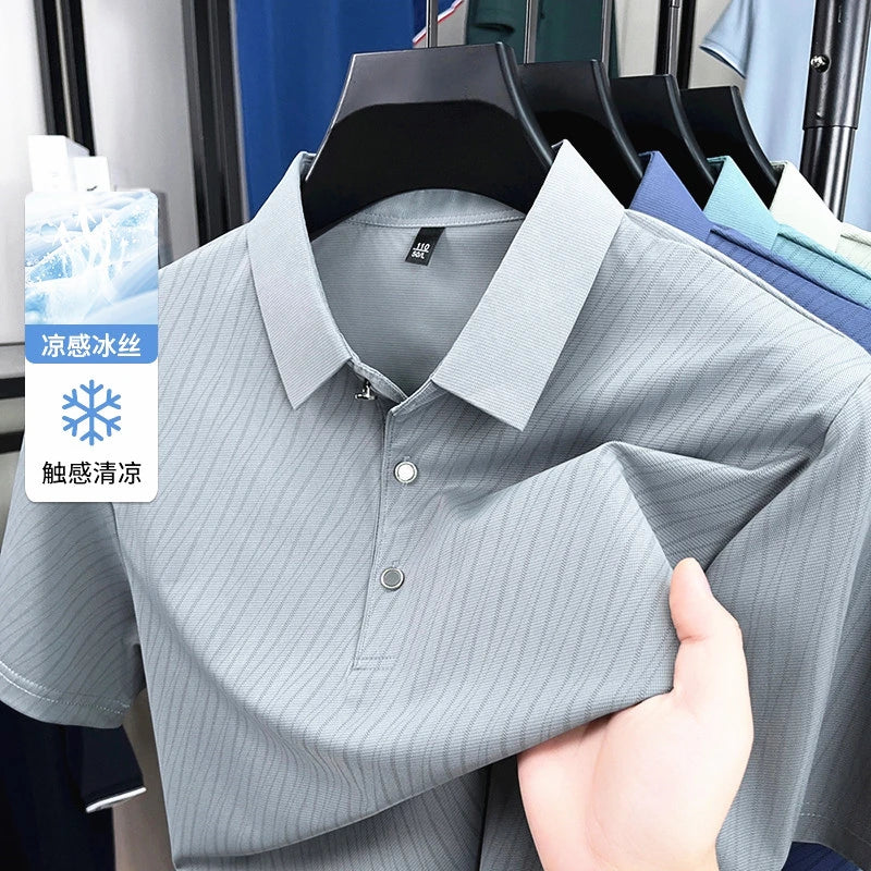 Men's Fashion Ice Silk Polo Shirt Cool Touch Fabric With Diagonal Line Print Short Sleeve For Business