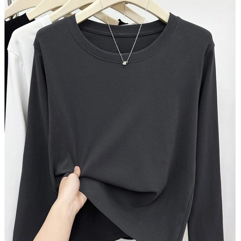 2026 100% Cotton T Shirt Women Autumn Winter Ribbed Causal O-Neck Basic Long Sleeve Harajuku Tops Fashion Loose Versatile Tees