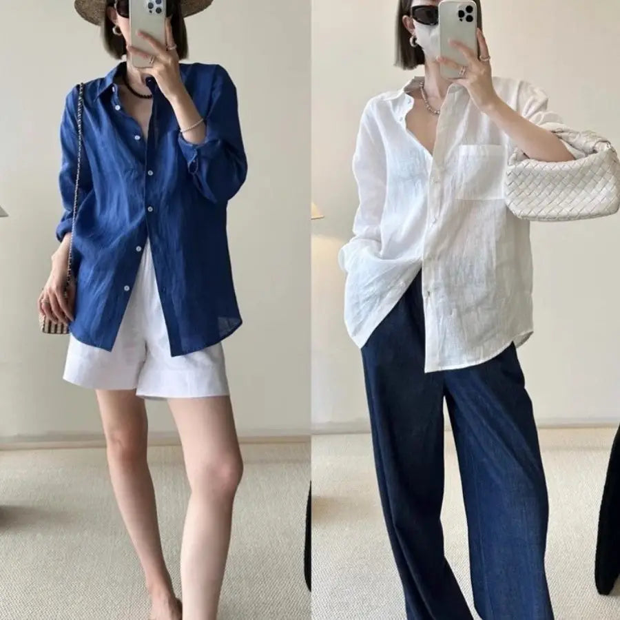 White Linen Long-sleeved Shirt for Women Summer Thin Loose Old Money Style Cotton and Linen Shirt with Sun Protection Top