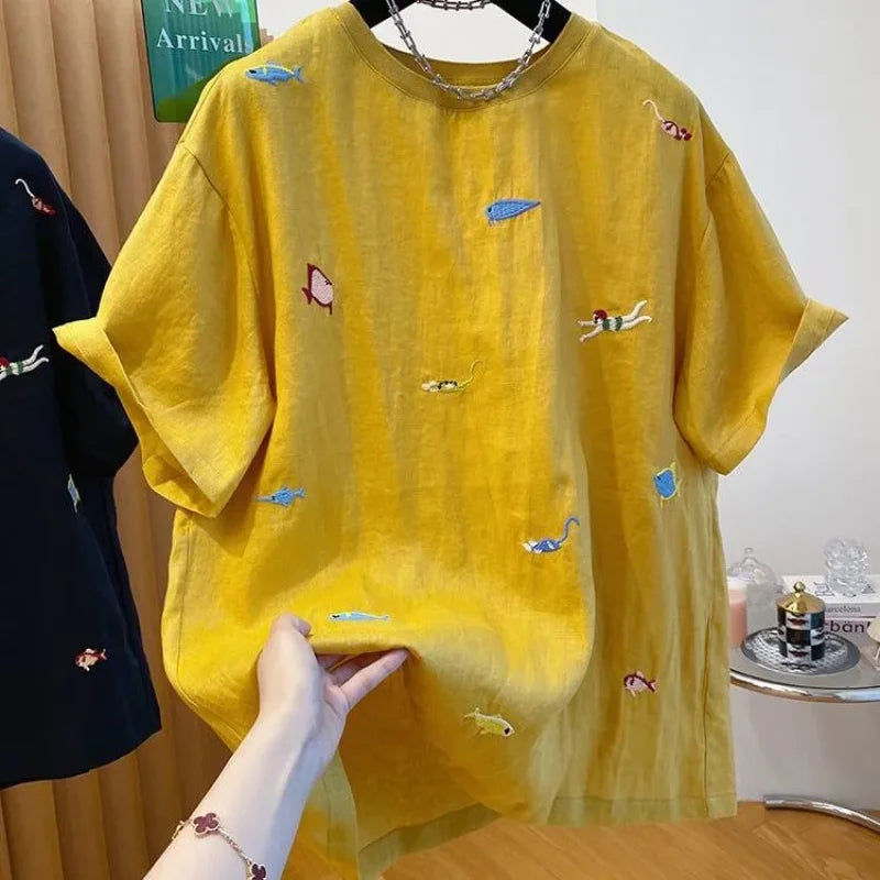 Embroidered Cotton Linen Short-sleeved T-shirt Summer New Loose Casual Round Neck Top for Women