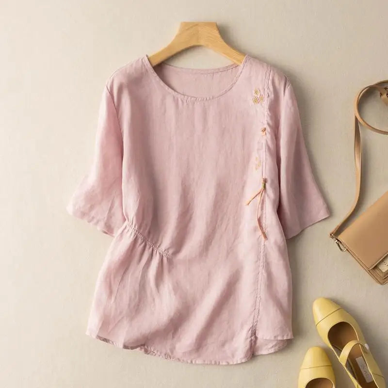 Short-sleeved Linen Tops with Folded Buttons of Artistic Retro Cotton Linen T-shirts Versatile Loose Embroidery 2025 Summer Tops