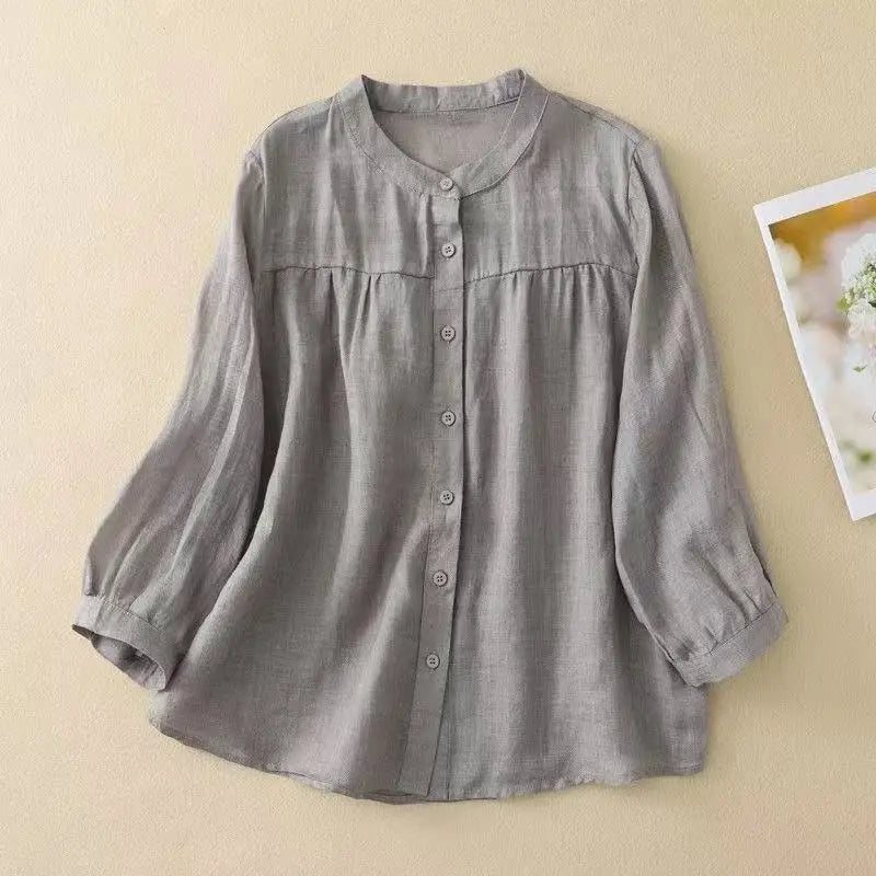 Women's Linen Cotton Blouse - Stand Collar 3/4 Sleeve Loose Fit Casual Shirt