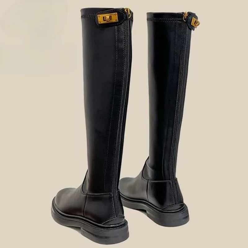 Women's Long Boots Round Toe Winter 2025 Ladies Knee High Shaft Shoes Large Size Warm Spring Autumn Y2k Trend Pu Hot Work Sale