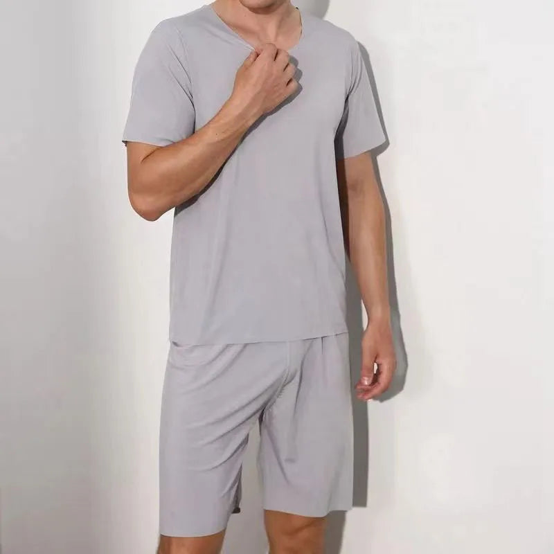 Men's Pajamas Homewear Short-Sleeved T-Shirt Youth Sports and Leisure Loose Elastic Tops and Pants Solid 2PCS/Set Four Season