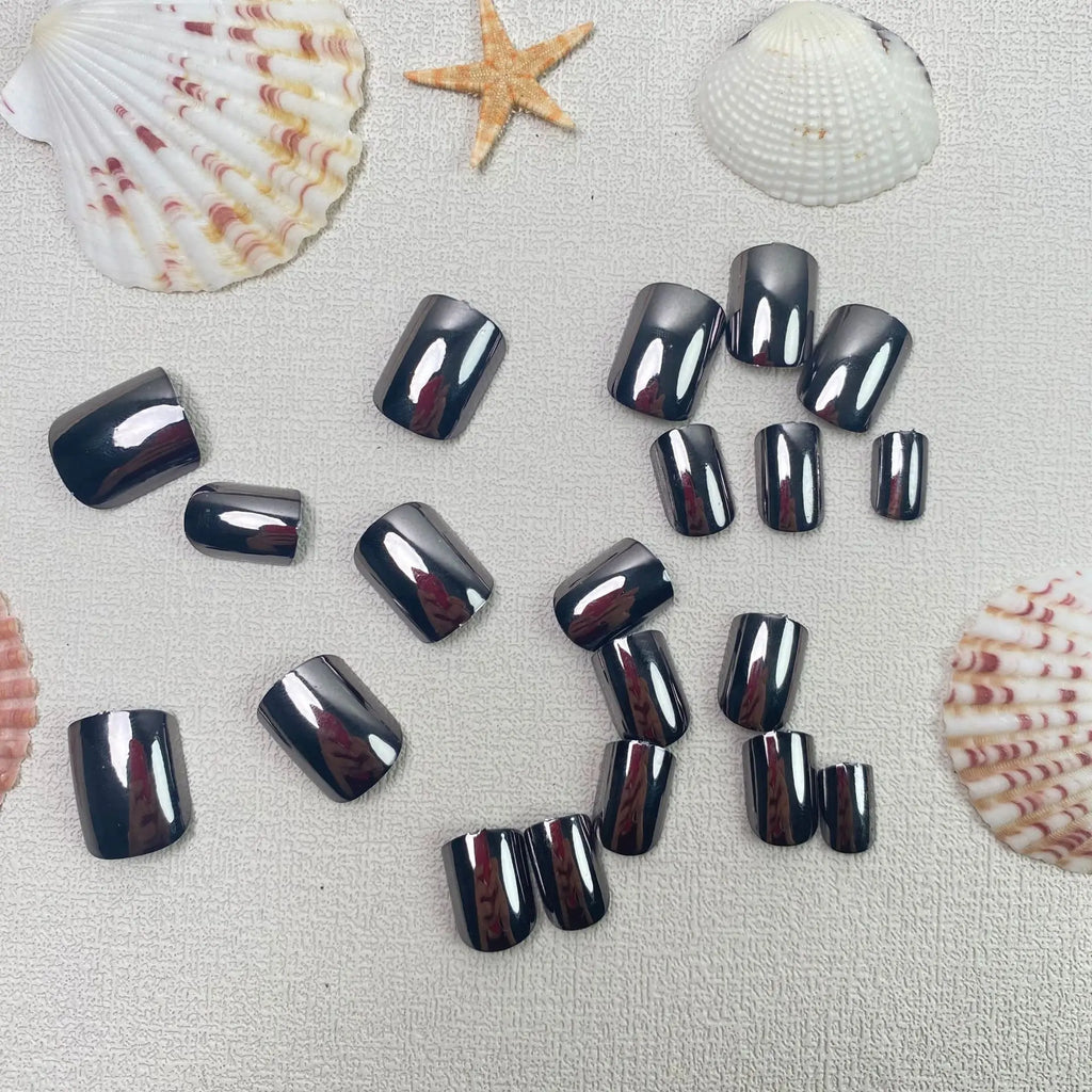 24pcs/set short fake nails metallic red black rose green blue silver golden square tips mirror effect press on false nail art