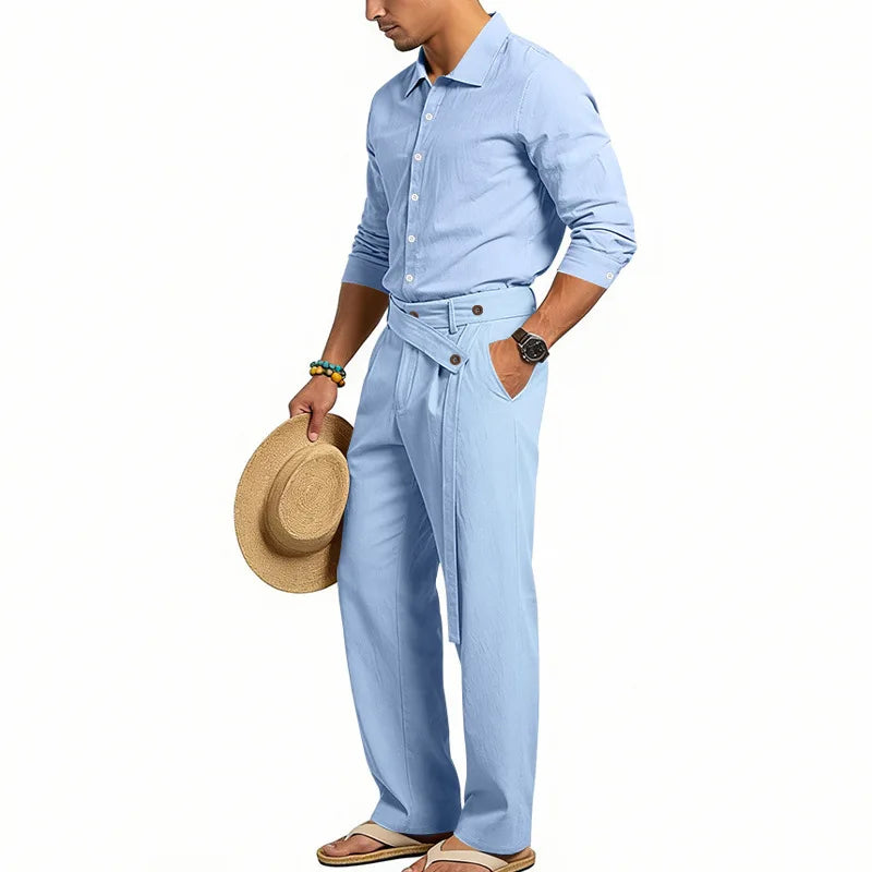 Men's Loose Fit Linen 2 Piece Outfit Solid Color Casual Long Sleeve Hooded Shirt & Long Pants Breathable Suit