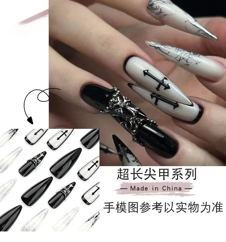 24Pcs Long Press on Nails, Acrylic False Nail Tips with Glue, Decorated Sticker Gel Fake Nails Set for Women, Nail Art Kit