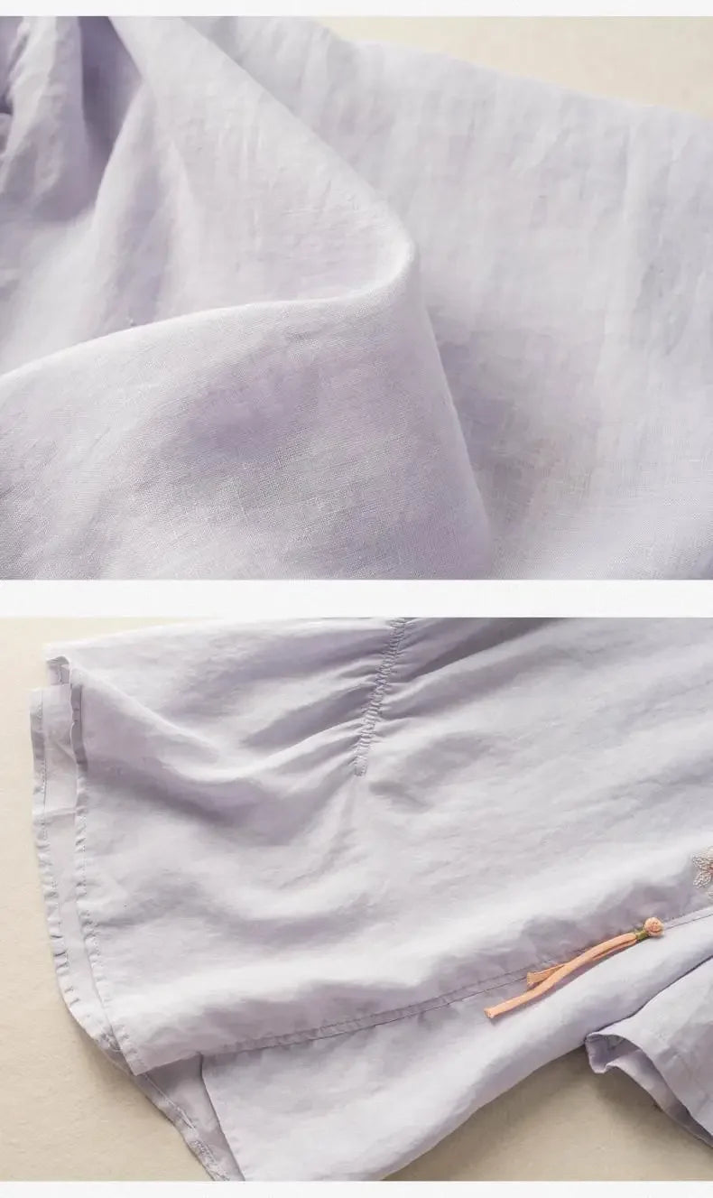 Short-sleeved Linen Tops with Folded Buttons of Artistic Retro Cotton Linen T-shirts Versatile Loose Embroidery 2025 Summer Tops