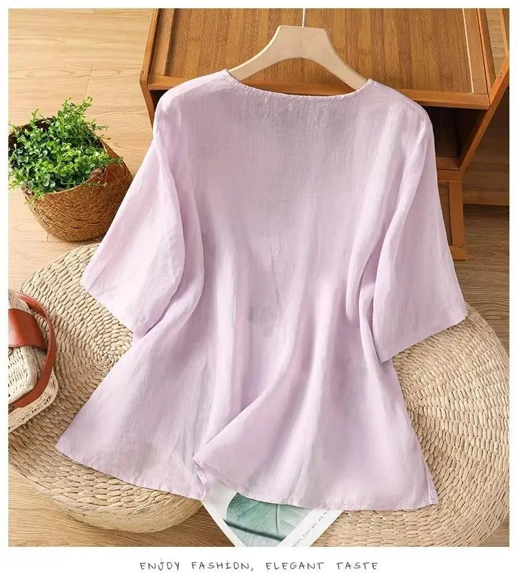 Women's Casual Linen Blouse Floral Embroidery Round Neck Short Sleeve Side Split Loose Fit Summer Tops