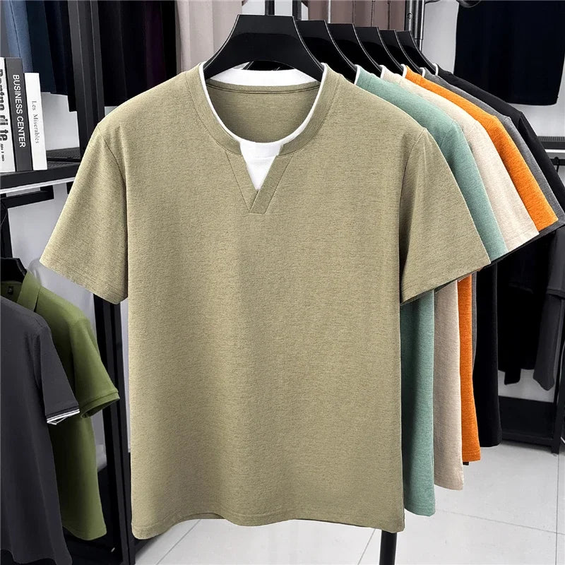Men's Fashion V Neck T Shirt With Fake Two Piece Detail Soft Elastic Fabric For Daily And Casual Use