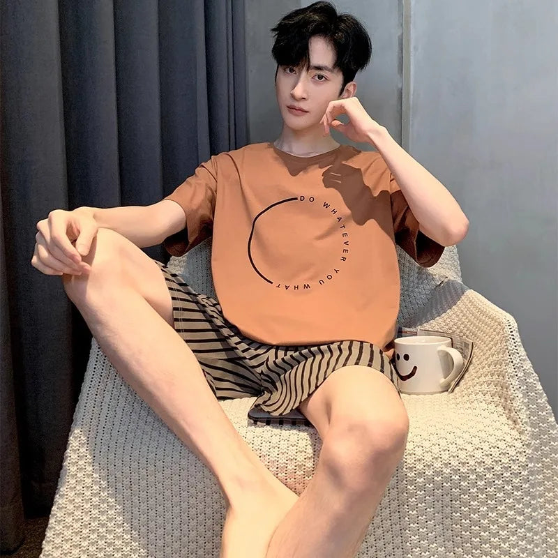 Men’s Pajamas Summer Short Sleeve Thin Loose Comfortable Casual Loungewear Set 2 Piece Set Casual Simple Sleepwear Homewear