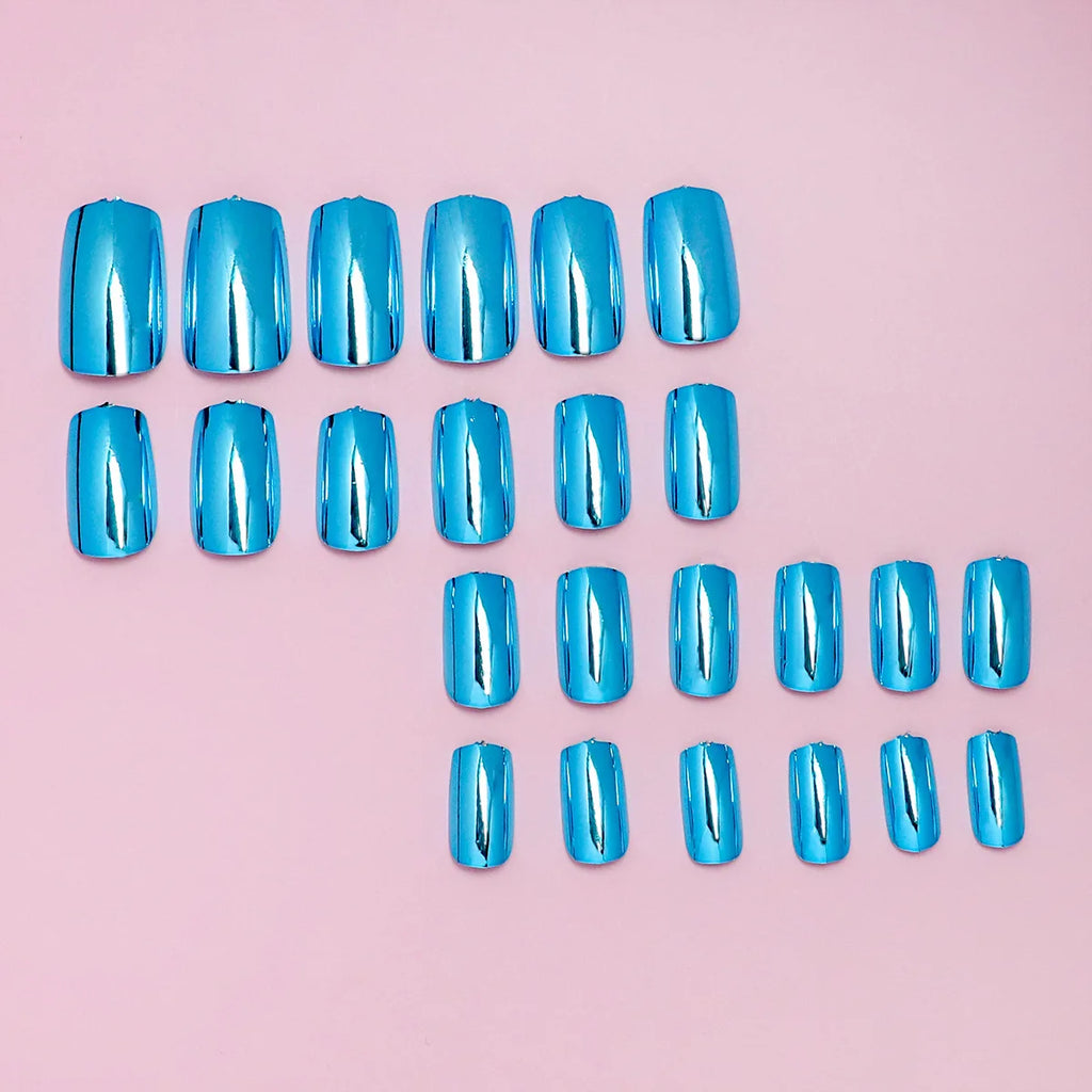 24pcs/set short fake nails metallic red black rose green blue silver golden square tips mirror effect press on false nail art