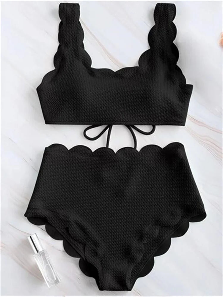 Solid Blue Two Pieces Swimsuit Bathing Suits Bikini Women Scalloped Textured High Waisted Bikini Set Lace Up Bathing Suits XXL