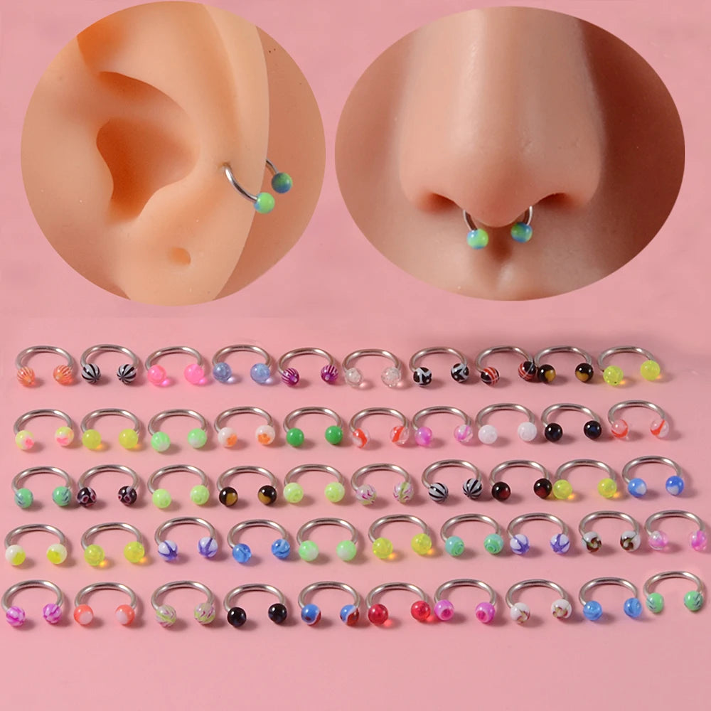 50PCS Colorful Ball Horseshoe Nose Ring Septum Eyebrow Nose Piercing Jewelry Steel Acrylic Nose Lip Ear Daith Helix Earring