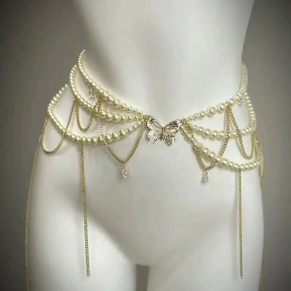 Fashion Y2K Retro Multilayer Pearl Waist Chain Belt For Women - Stylish Body Jewelry Accessories For Party & Casual Wear