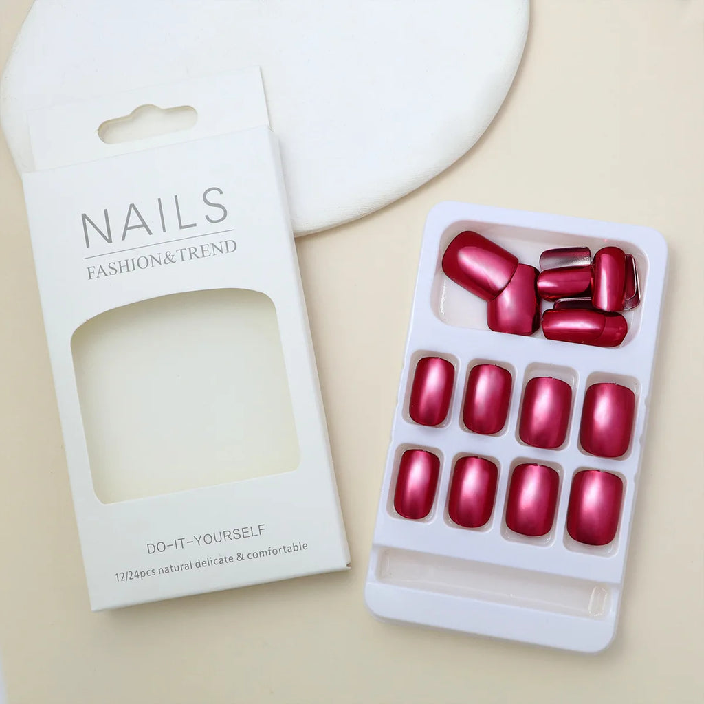 24pcs/set short fake nails metallic red black rose green blue silver golden square tips mirror effect press on false nail art