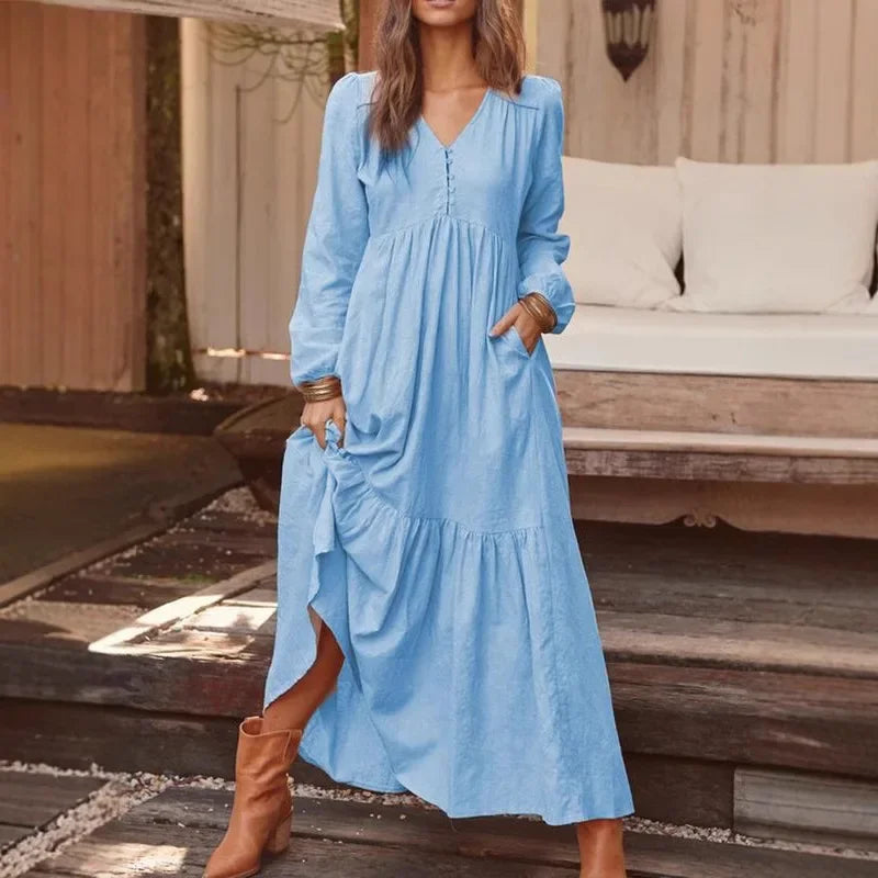 New Cotton Linen Retro Large Hem Long Dresses Casual Long Sleeved For Women Fashion Solid Color Single Breasted Skirt Spring