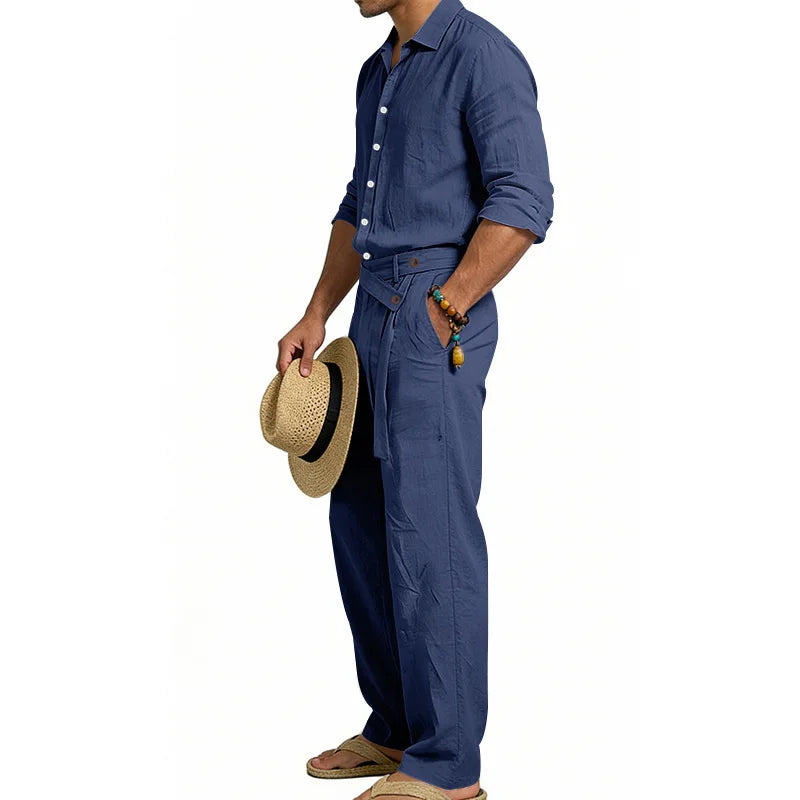 Men's Loose Fit Linen 2 Piece Outfit Solid Color Casual Long Sleeve Hooded Shirt & Long Pants Breathable Suit