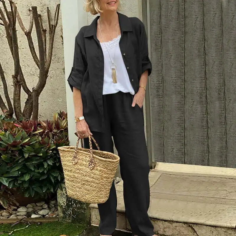 Elegant Solid Cotton Linen Shirt 2 Piece Set For Women Casual Outfits Autumn Long Sleeve Pocket Top Wide Leg Pants Suits Female