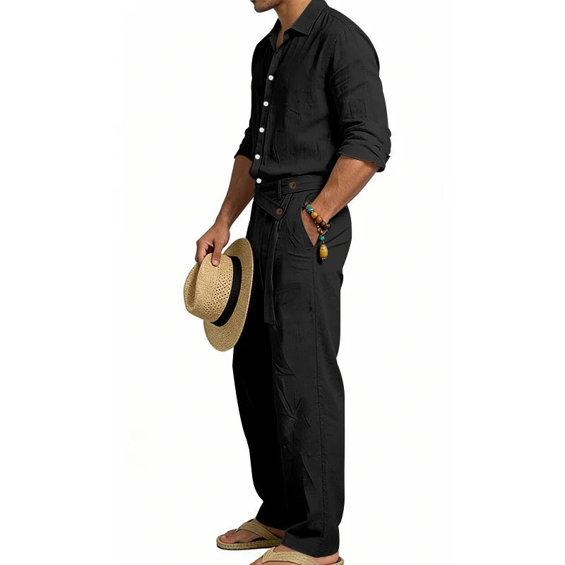 Men's Loose Fit Linen 2 Piece Outfit Solid Color Casual Long Sleeve Hooded Shirt & Long Pants Breathable Suit