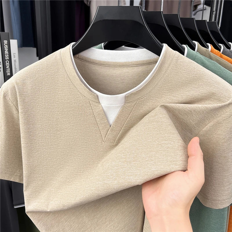 Men's Fashion V Neck T Shirt With Fake Two Piece Detail Soft Elastic Fabric For Daily And Casual Use