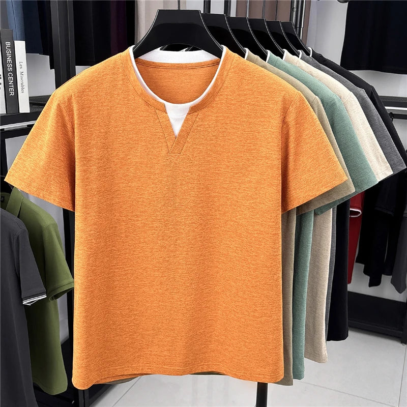 Men's Fashion V Neck T Shirt With Fake Two Piece Detail Soft Elastic Fabric For Daily And Casual Use