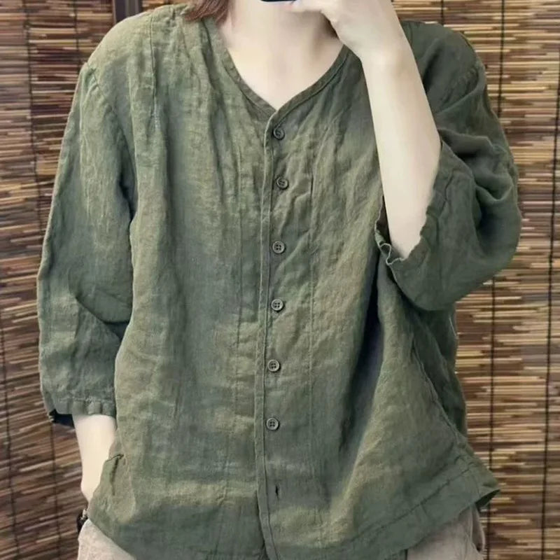 2025 New Solid Color Linen Loose Top Artistic Casual Three-quarter Sleeve Cardigan Shirt