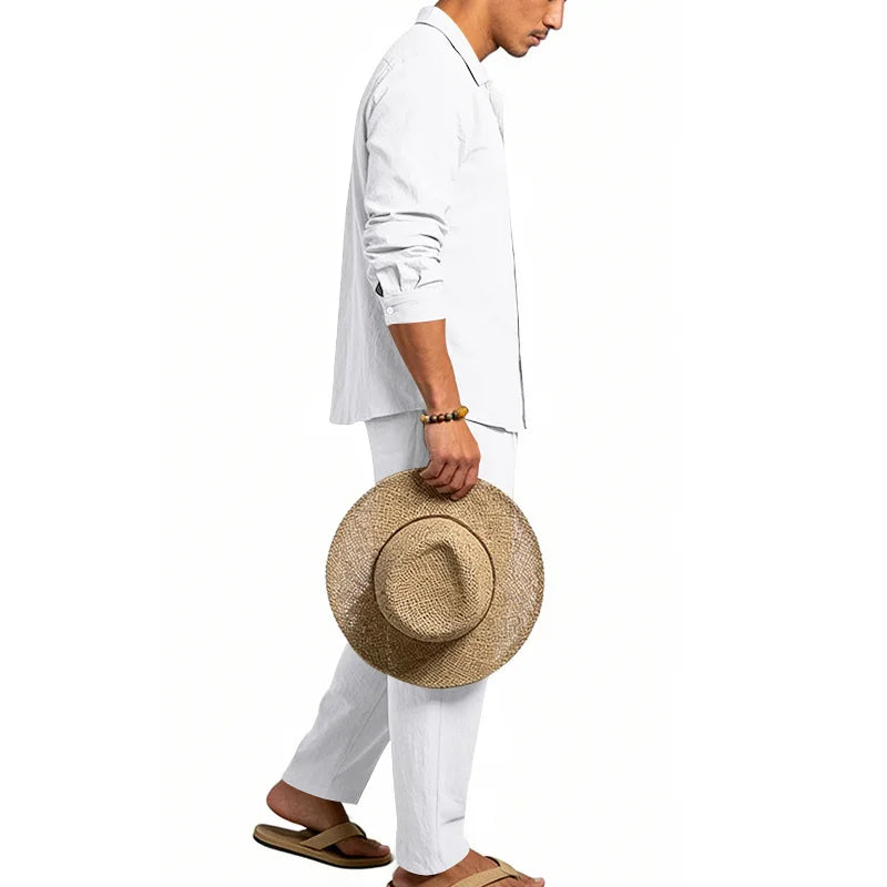 Men's Loose Fit Linen 2 Piece Outfit Solid Color Casual Long Sleeve Hooded Shirt & Long Pants Breathable Suit