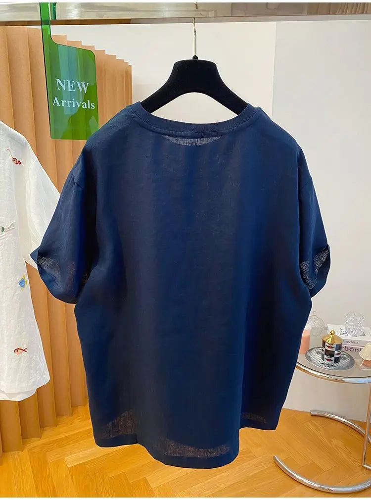 Embroidered Cotton Linen Short-sleeved T-shirt Summer New Loose Casual Round Neck Top for Women